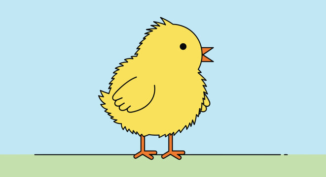 Simple line drawing of a fluffy yellow chick chirping with its beak open against a light blue and green background.