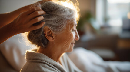 Fototapeta premium Close up of a hand gently brushing the hair of a silhouetted senior figure on a bright softly defocused bedside in soft afternoon light hair grooming senior care gentle
