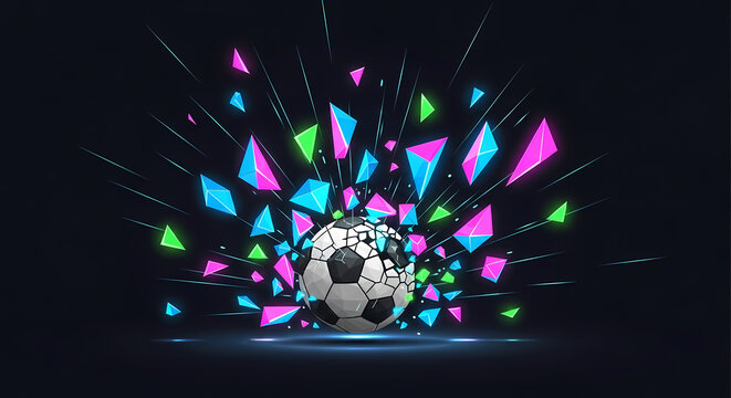 Soccer ball with abstract neon geometric explosion radiating outwards on dark background.