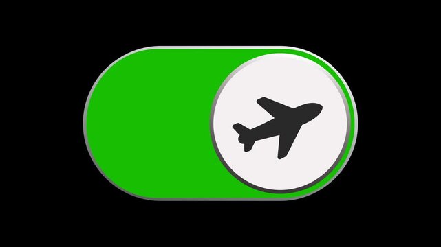 2D animated green toggle switch icon with airplane symbol turning on against a black background for mobile app flight mode and travel settings.
