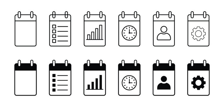 Set of calendar icon set. featuring schedule, checklist, bar chart analytics, clock, user profile and settings symbols in outline and solid styles. vector illustration