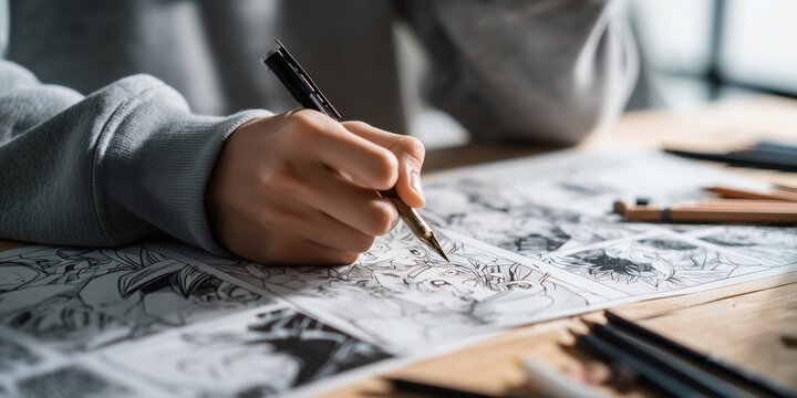 Professional manga illustrator hand drawing detailed anime characters and comic panels on wooden desk, concept for creative hobby, professional illustration and storyboard production