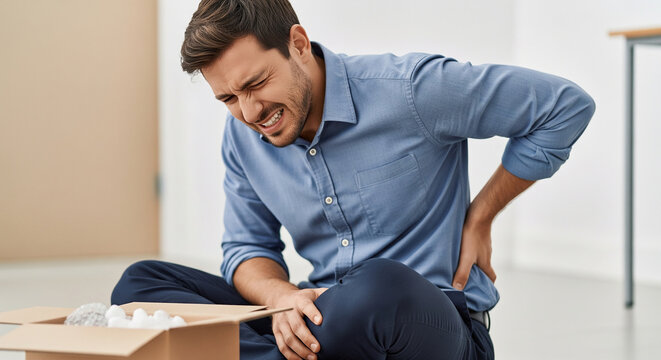 Corporate businessman holding back in pain while lifting boxes perfect for physical healthcare and therapy concepts