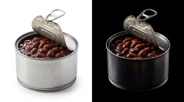 Open tin can of baked beans in tomato sauce, shown on both white and black backgrounds canned food concept, protein source, ready to eat meal