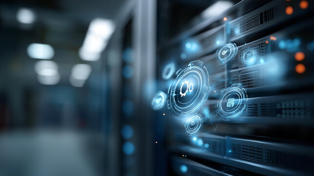 Floating hologram composition of glowing IT support icons with server maintenance indicators and 24/7 service badges above a clean bright technology backdrop global IT support