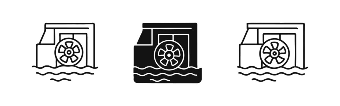 Water Turbine and Hydraulic Wheel for Hydro Power Icon Set