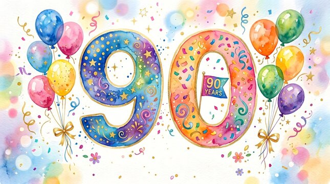 Joyful Watercolor 90th Birthday or Anniversary Celebration with Colorful Balloons and Confetti