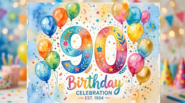 Vibrant Watercolor 90th Birthday Celebration Card with Colorful Balloons and Confetti