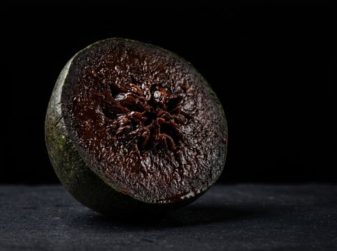 Black sapote fruit cut in half showing dark chocolatelike texture
