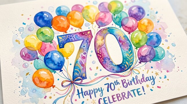 Happy 70th Birthday watercolor illustration with colorful balloons and confetti