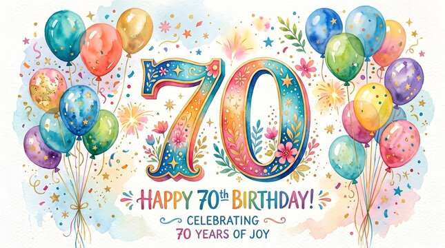 Vibrant Watercolor Happy 70th Birthday Celebration with Festive Balloons and Golden Confetti