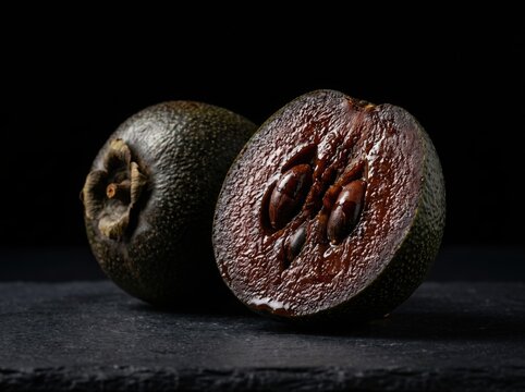 Black sapote fruit, whole and halved, on a dark slate background