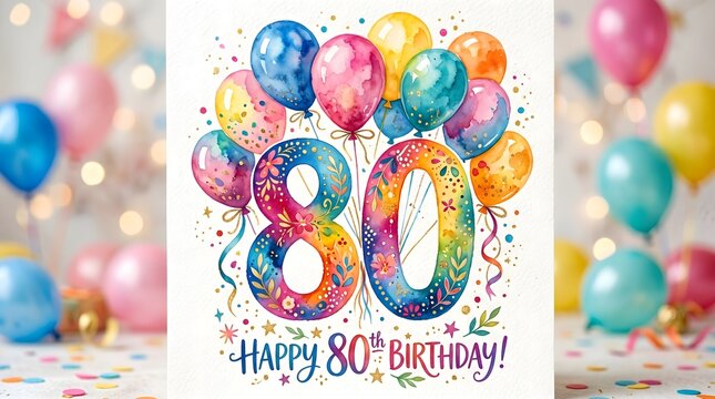 Happy 80th Birthday Watercolor Balloons and Confetti Celebration