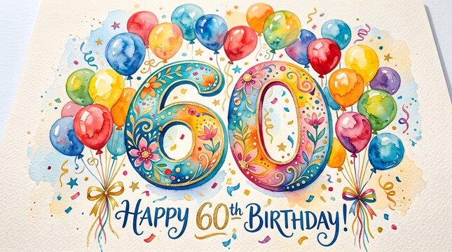 Happy 60th Birthday Celebration with Colorful Balloons and Confetti