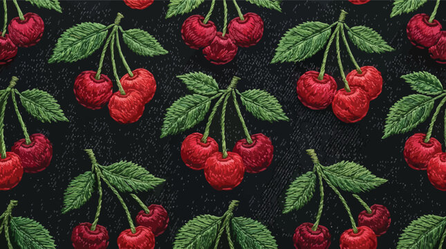 Dense repeating pattern of embroidered red cherries with green leaves on a dark textured surface cherry