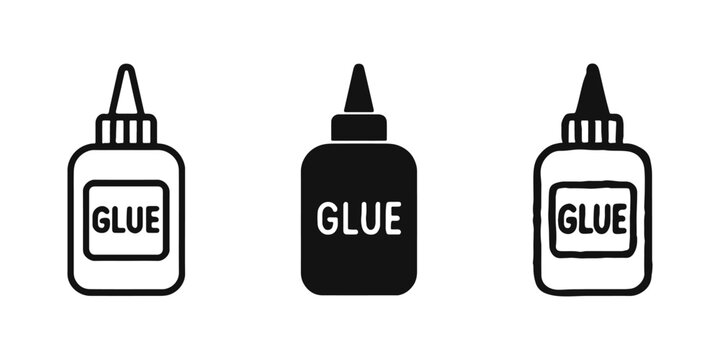 Adhesive glue bottle stationery craft tool icon set in outline, solid, and hand-drawn styles