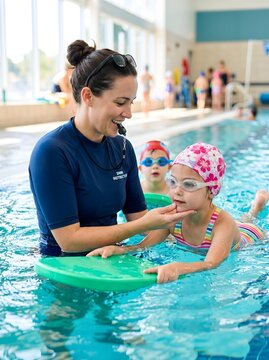 Happy Swim Instructor Teaching a Young Girl How to Swim in an Indoor Pool During a Lesson