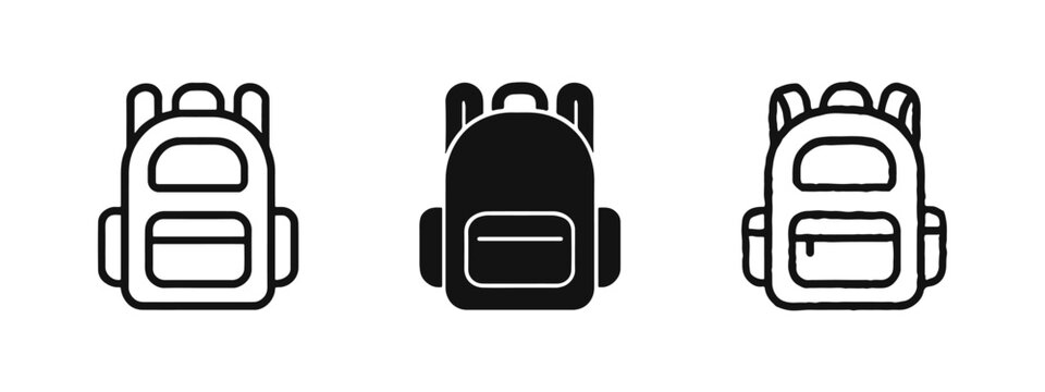 School backpack rucksack for travel and education icon set in outline, solid, and hand-drawn styles