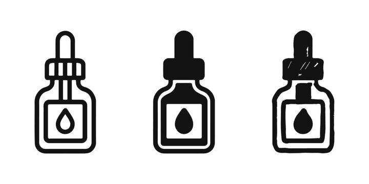 Eye dropper serum bottle medical and beauty icon set in outline, solid, and hand-drawn styles