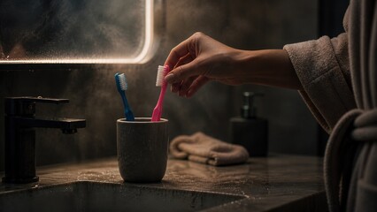 Fototapeta premium A woman places her toothbrush in a bathroom cup, symbolizing moving in together, relationship milestone, intimacy, and shared everyday life.