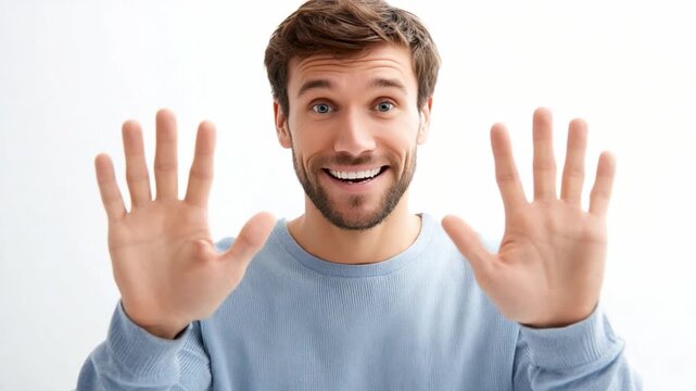 A Man's Energetic Gesture: A captivating headshot of a man with an expressive face, his palms facing outward with an engaging open-handed gesture, exuding an air of positivity.