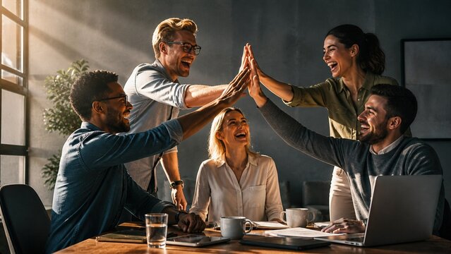 A diverse business team gives a high five during a meeting, celebrating teamwork, collaboration, success, and positive workplace culture.