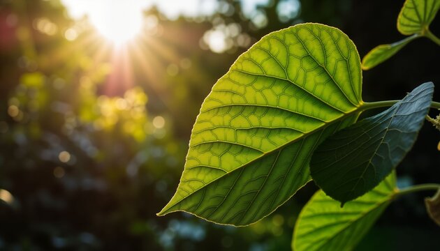 Fiddle leaf fig leaves illuminated by morning sunlight in nature  