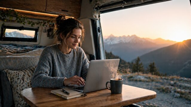 A woman uses a laptop inside a camper van overlooking mountains at sunrise, representing remote work, digital nomad lifestyle, and freedom.