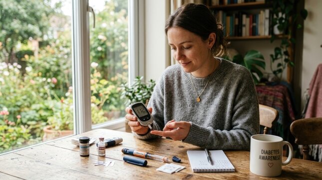 Diabetic person managing: blood glucose, health regimen, daily control, glucose level, finger stick, insulin therapy, chronic condition, self care, medical device, wellness routine.