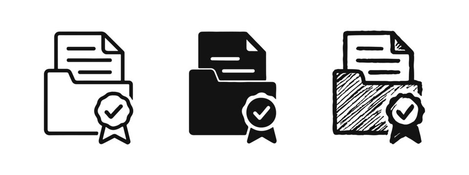 Certified document folder icons in outline, solid, and hand-drawn styles