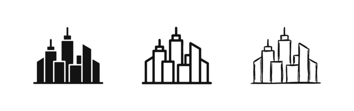 City skyline and skyscrapers icon set in three different styles for urban architecture design