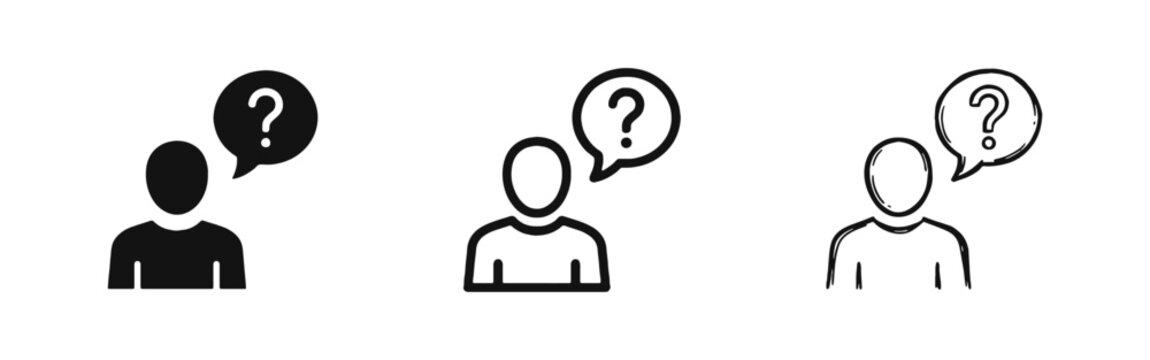Question person icon set with speech bubble and question mark in three styles for support and help