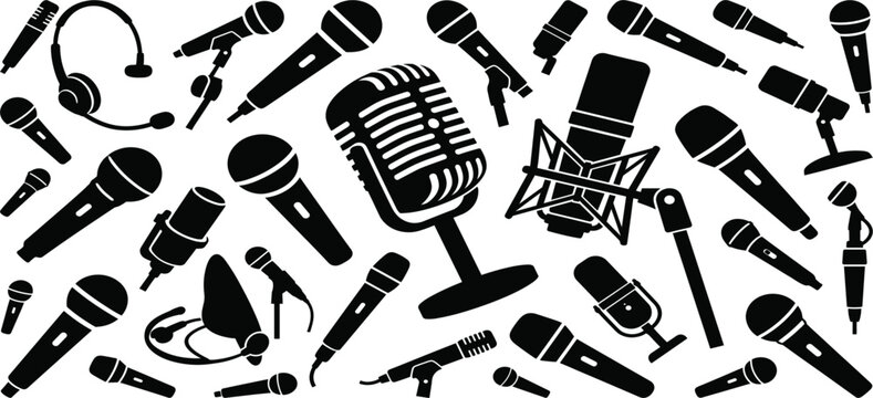 Microphone Icon Set Collection with Various Audio Recording Devices, Podcast Equipment, Studio Mics, Headsets and Broadcast Symbols for Media, Music, Voice and Communication Design
