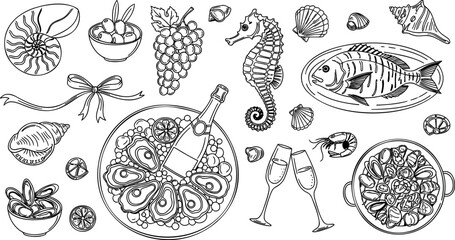 Seafood and Mediterranean feast elements set with oysters champagne seahorse and shells in elegant line art style © PIXAVIVE