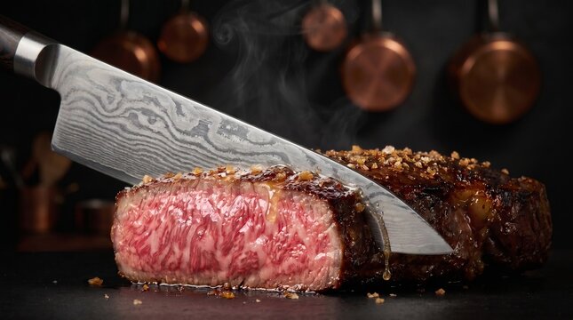 Filete de ternera Wagyu perfectamente sellado siendo cortado por un cuchillo profesional de acero