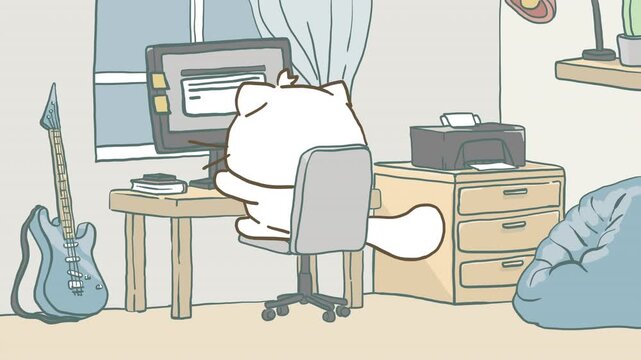 Hand-drawn 2D animation. Fluffy white cat sits in a chair, typing on a computer. View from behind in a cozy home office with a guitar and bean bag. Looped movement, tail wagging. Pastel colors.