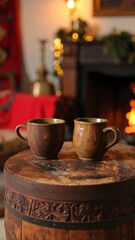 Fototapeta premium Two handcrafted, earthy-toned ceramic mugs rest on a decorative wooden barrel in a warm, cozy indoor scene with a lit fireplace and festive lights