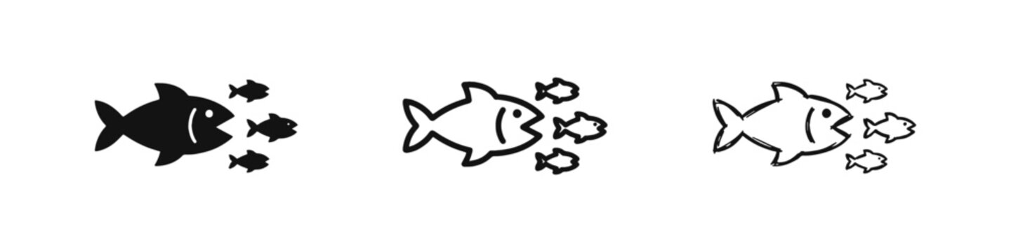 Big Fish Eating Small Fish Icon Set for Business Competition and Market Dominance