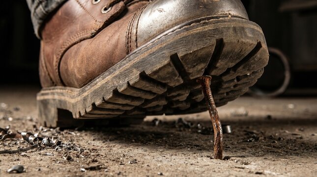 Trabajador con bota de seguridad pisando un clavo oxidado
