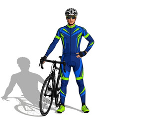 Fototapeta premium Cyclist in Blue and Green Suit with Bicycle.