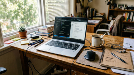 Naklejka premium Messy home office desk with laptop coffee and cables showing realistic work from home lifestyle