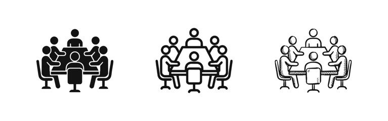Business Meeting and Conference Table Icon Set in Solid Line and Hand Drawn Styles © drawing lines