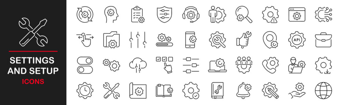 Setting and setup icon set. UI icon set. Contains such icons as gear, adjustments, setup, preferences, containing options, controls, service, operation icons and more. Vector illustration