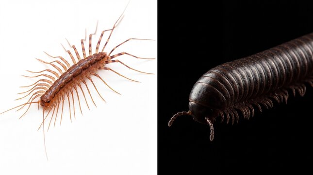 Comparison of a house centipede and a millipede, showing the physical differences between these two common arthropods
