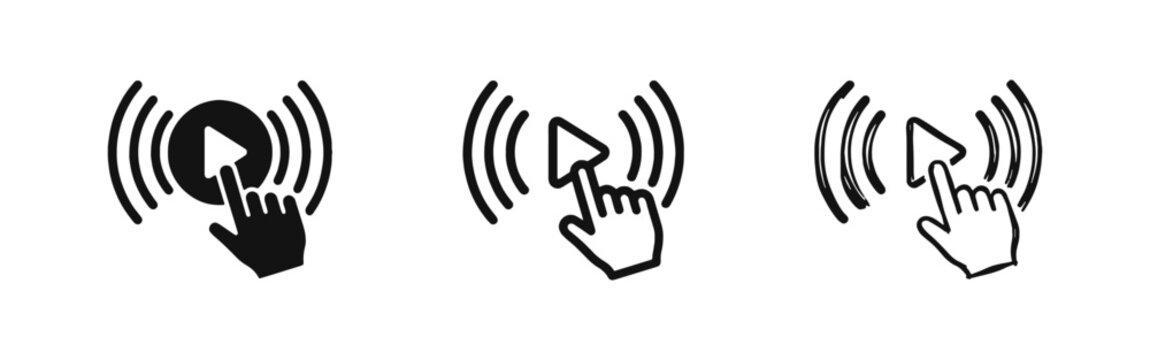 Hand Clicking Play Button with Signal Waves Icon Set for Video and Streaming