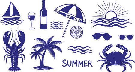 Obraz premium Summer vacation icons set featuring beach elements and tropical vibes in a blue ink hand drawn illustration style