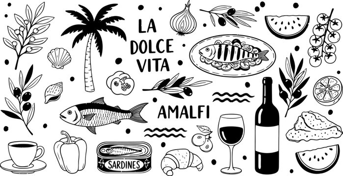 Mediterranean food and lifestyle doodle collection featuring italian cuisine and coastal travel icons in black ink
