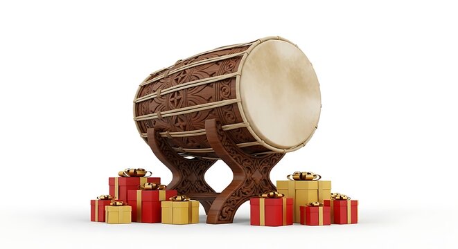 Traditional wooden beduk drum with ornate carvings surrounded by gifts.