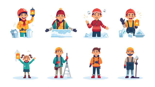 Winter Characters' Adventures: Eight cartoon characters engaged in winter activities, showcasing various outdoor scenes and occupations.