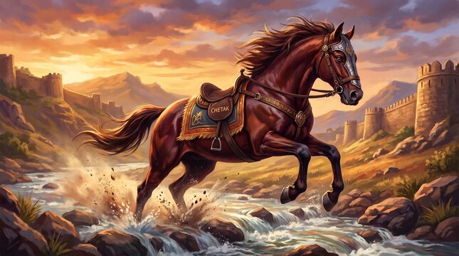 Brave Legendary Horse Chetak Galloping Through River Near Ancient Fort Walls, Epic Digital Art Illustration